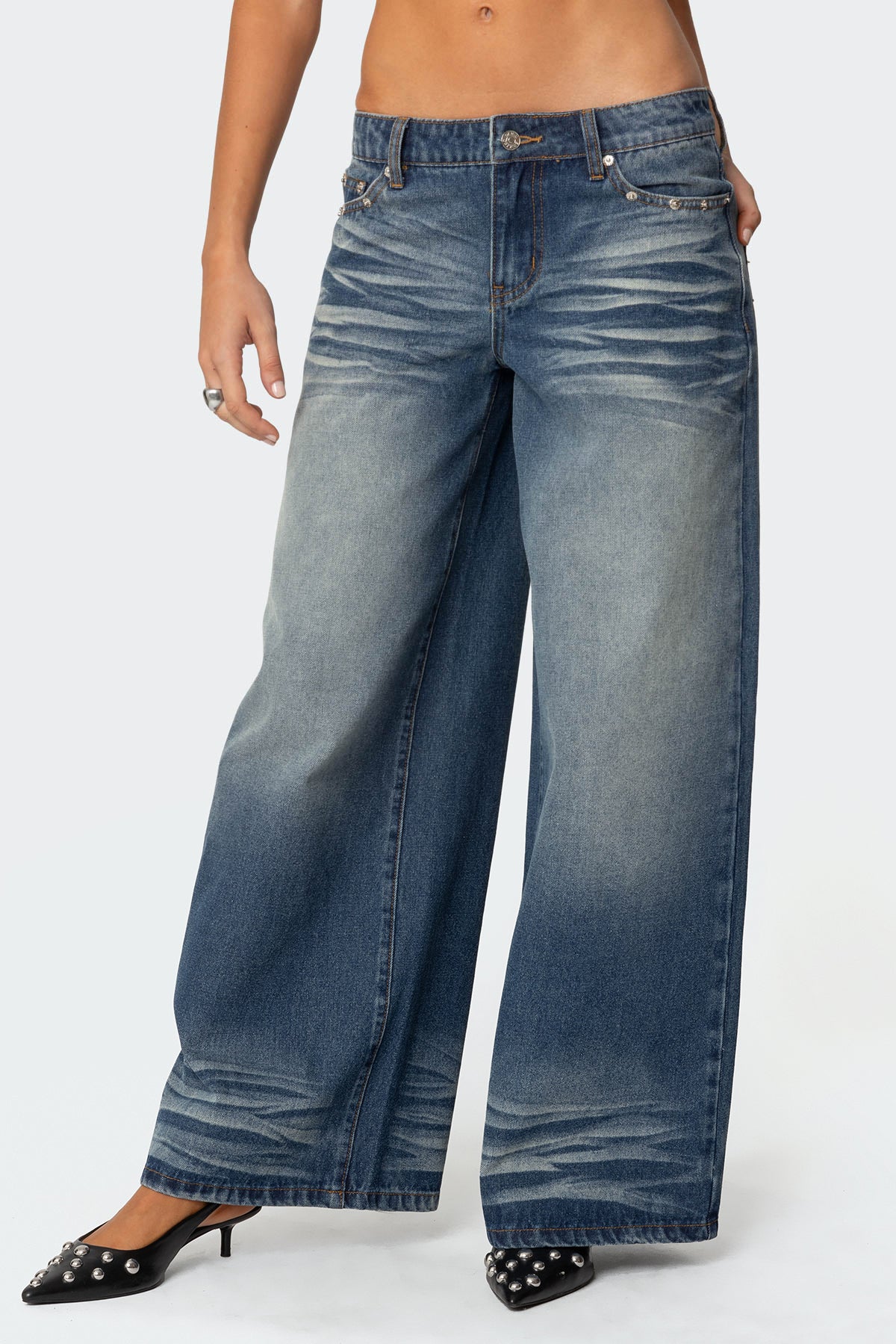 Faux Leather Pocket Low Rise Baggy Jeans - Image 2