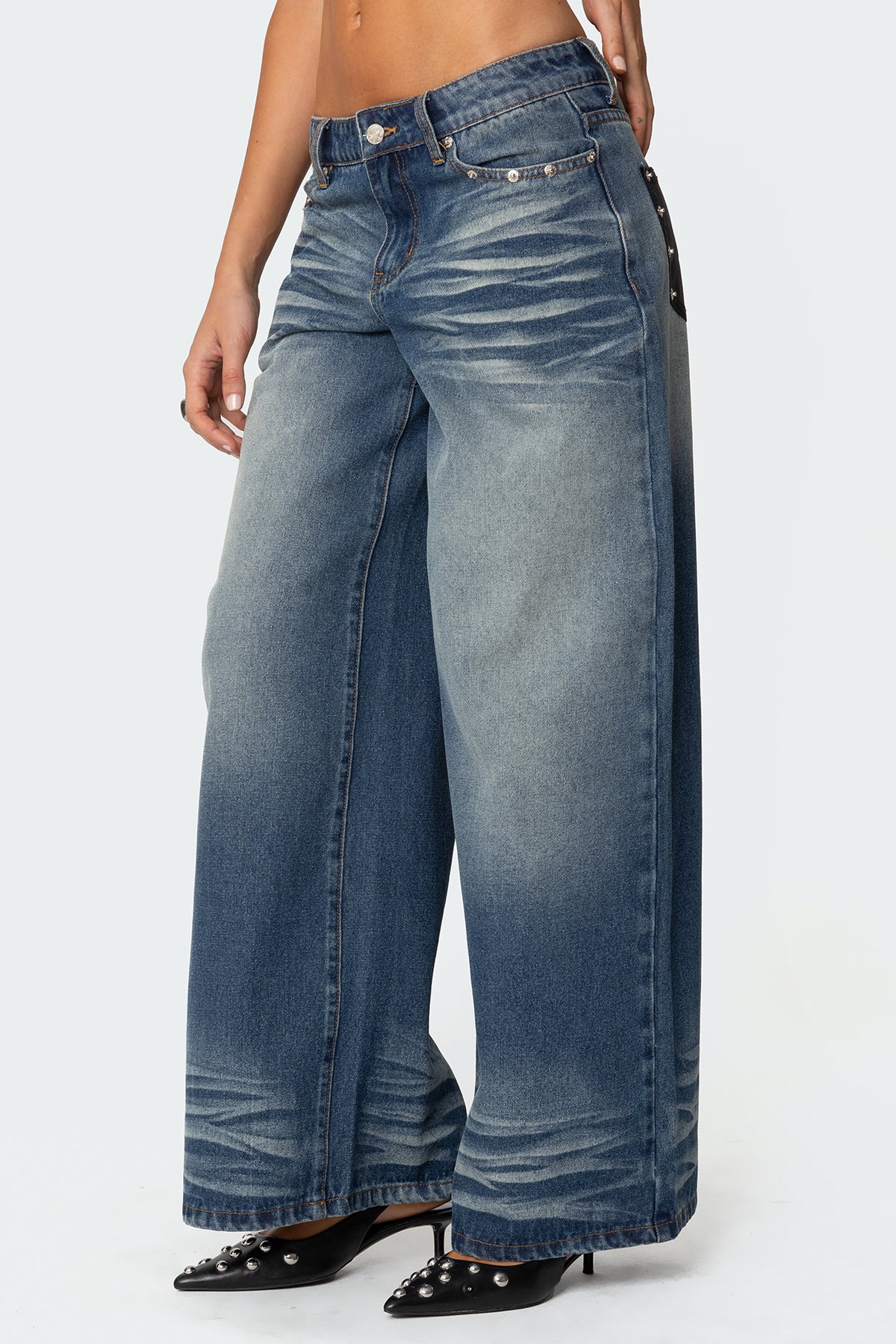 Faux Leather Pocket Low Rise Baggy Jeans - Image 3