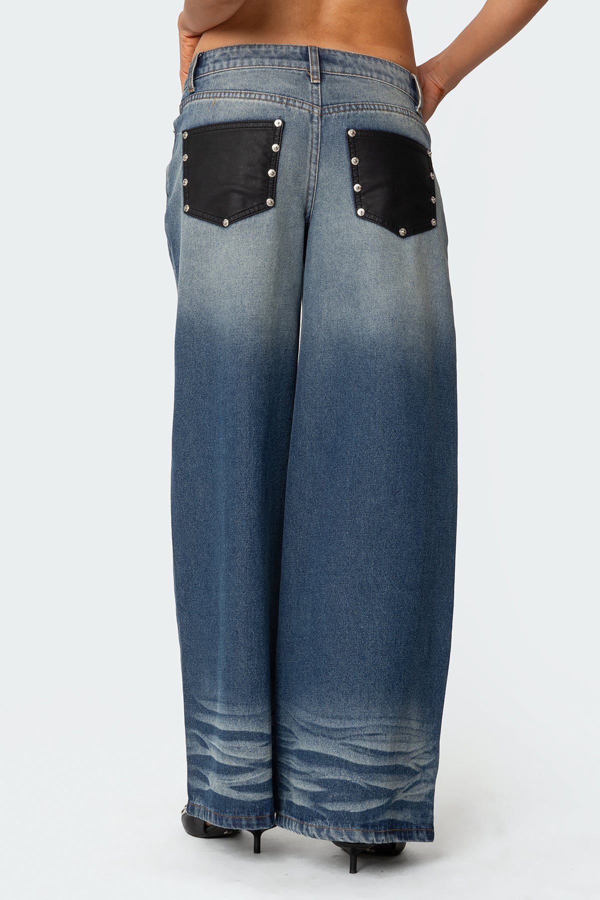 Faux Leather Pocket Low Rise Baggy Jeans - Image 4