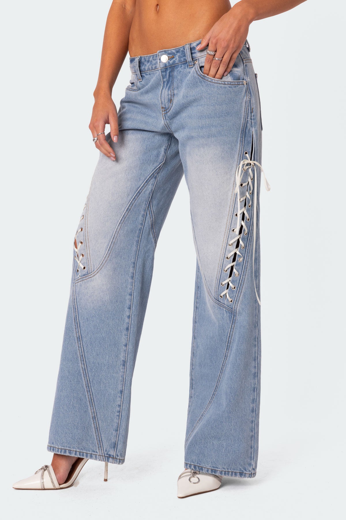Ribbon Lace Up Low Rise Baggy Jeans - Image 4