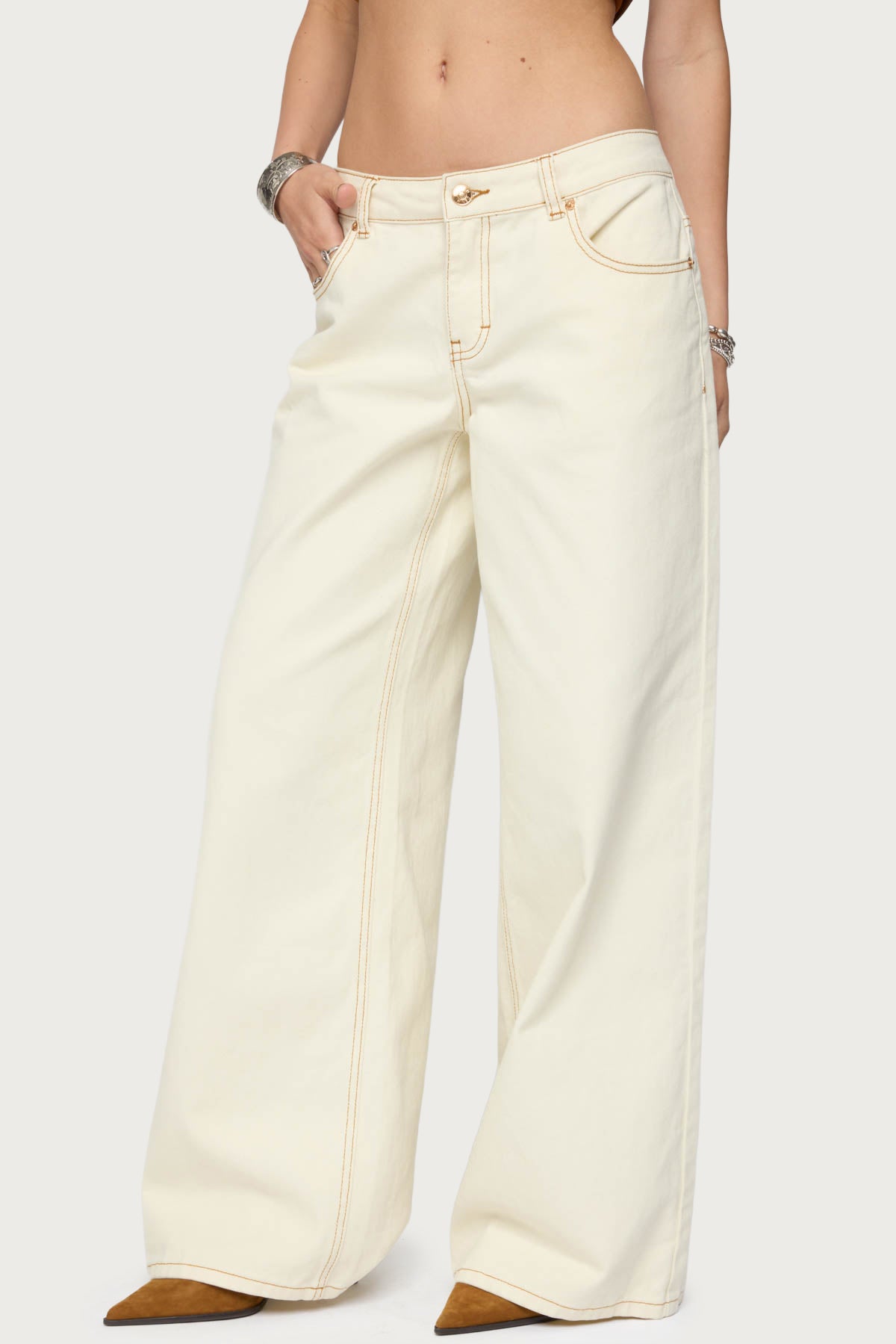 Contrast Stitch Low Rise Baggy Jeans - Image 3
