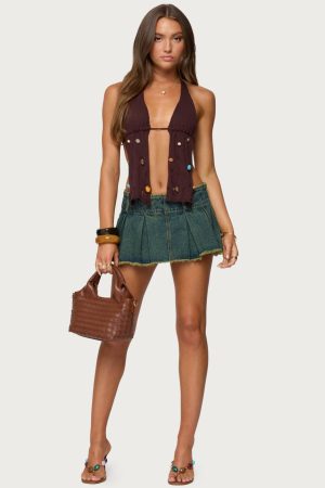 Frayed Pleated Denim Mini Skort