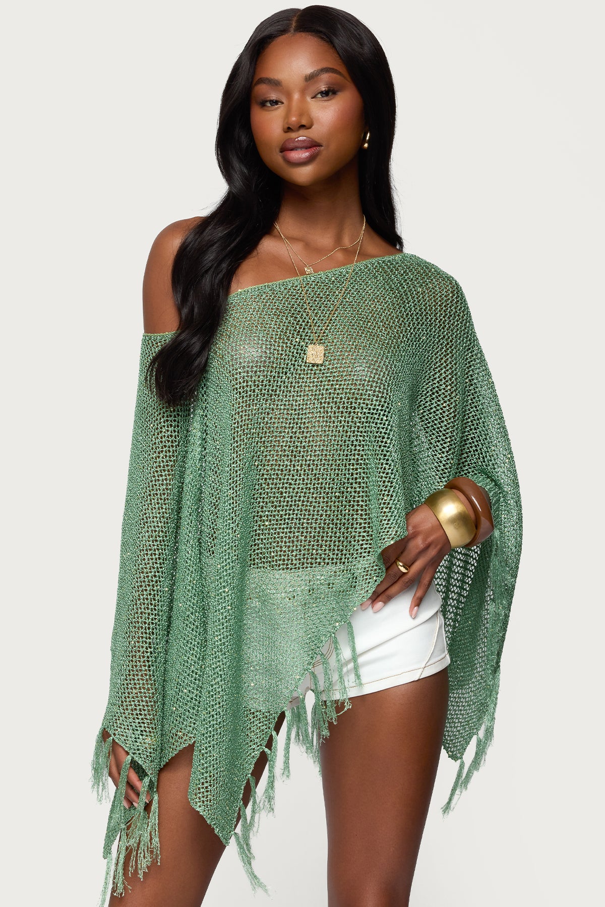 Sequin Fringe Knit Poncho - Image 2