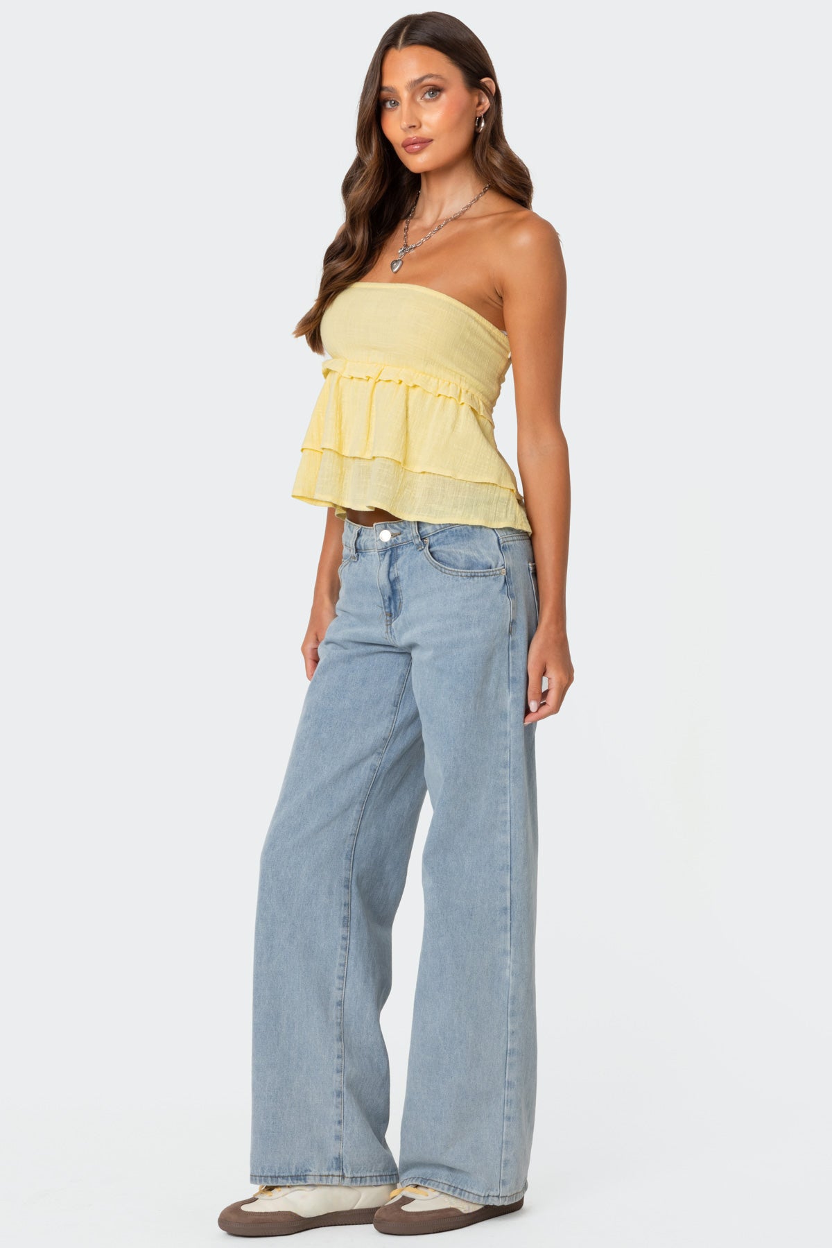 Linen Look Strapless Peplum Top - Image 5