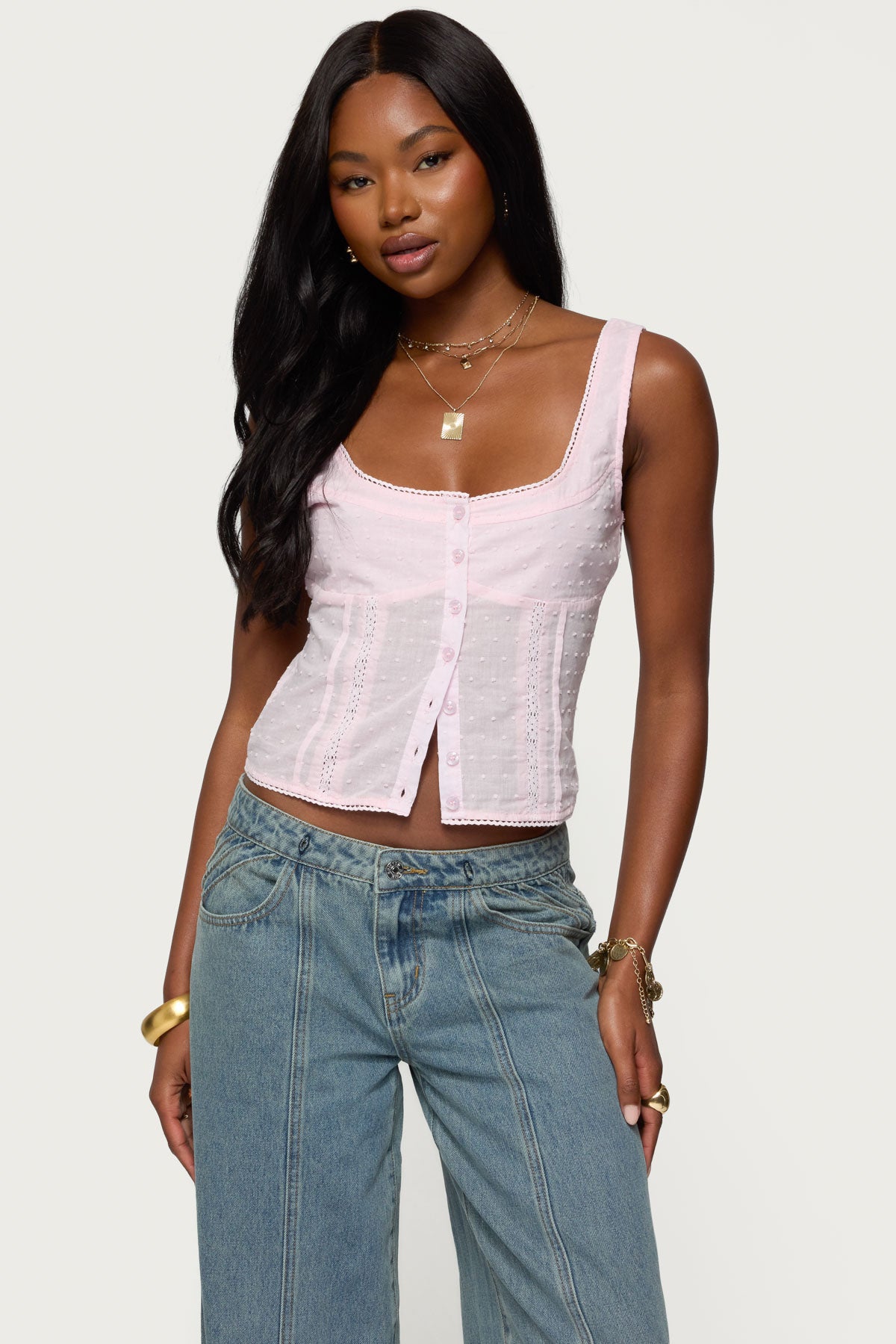 Embroidered Cotton Button Up Top