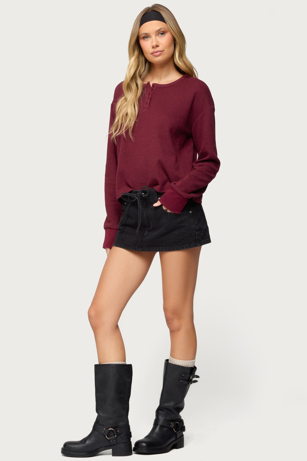 Deni Long Sleeve Henley Waffle Top - Image 5