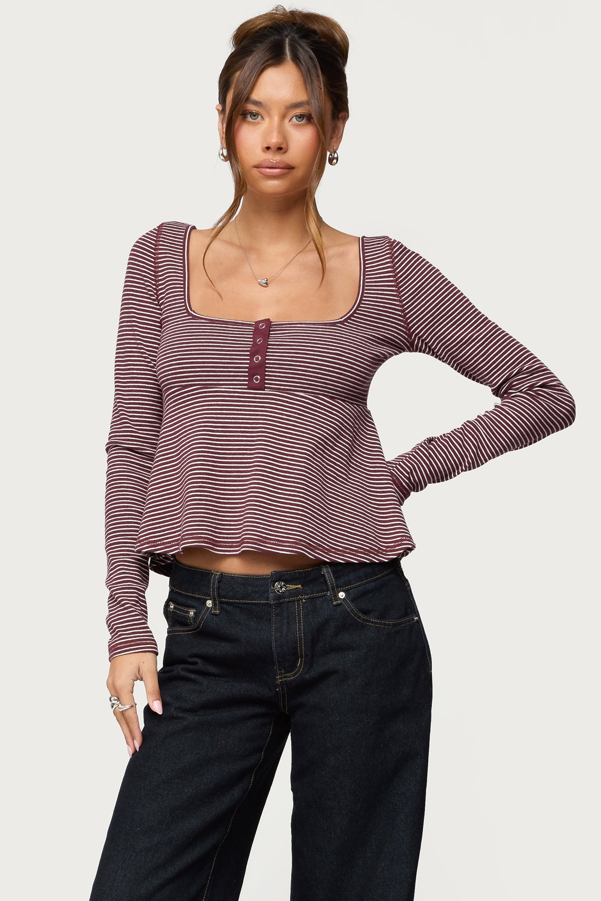 Sare Striped Babydoll Henley Top - Image 3