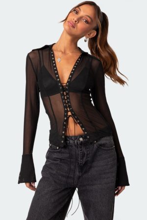 Lace Up Sheer Mesh Top