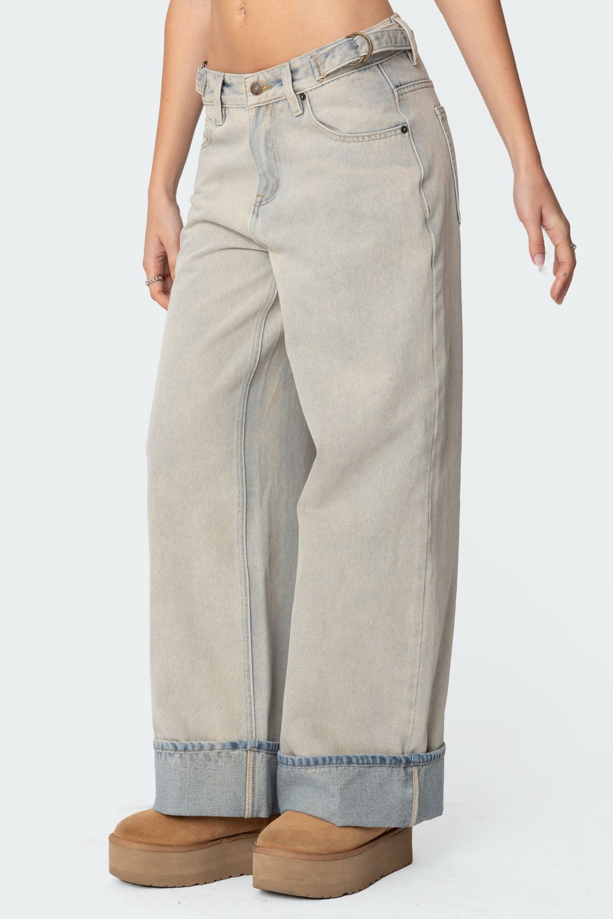 Double Belt Washed Low Rise Baggy Jeans - Image 4