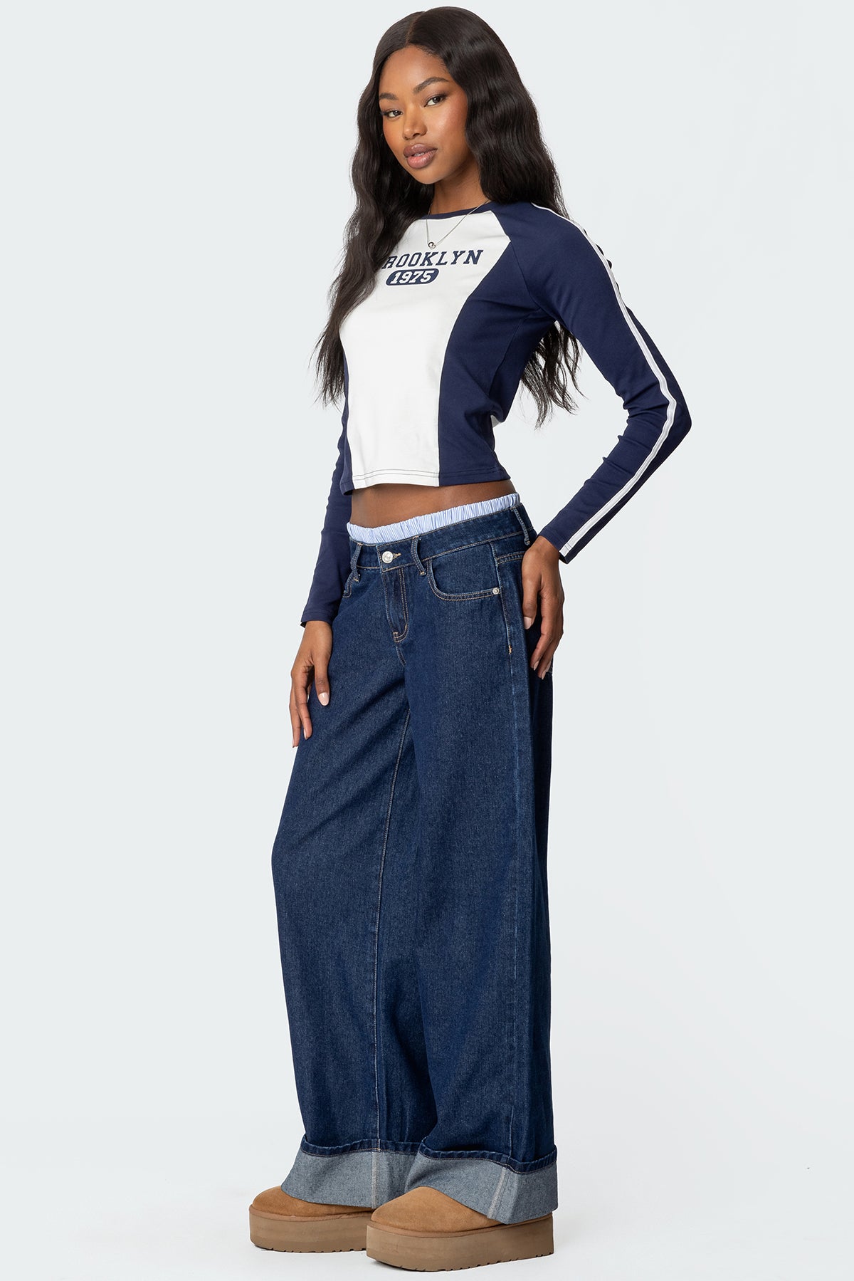 Striped Boxer Detail Low Rise Baggy Jeans - Image 3