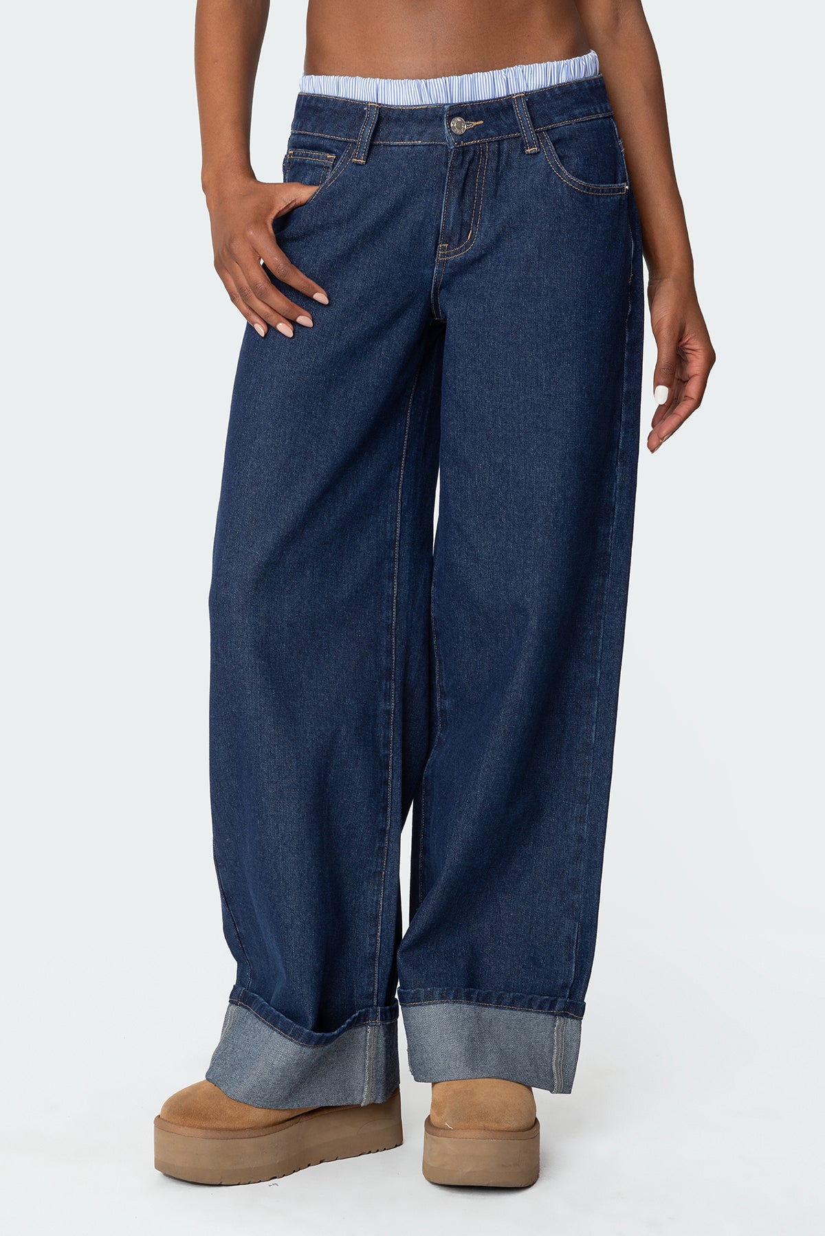 Striped Boxer Detail Low Rise Baggy Jeans - Image 2