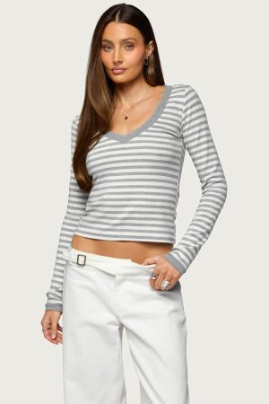 Kimi Striped Long Sleeve V Neck Top