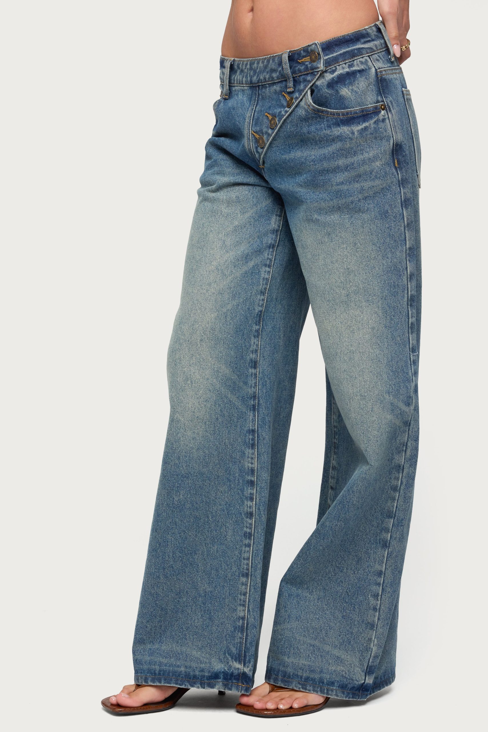 Moxlan Slanted Button Low Rise Baggy Jeans - Image 2