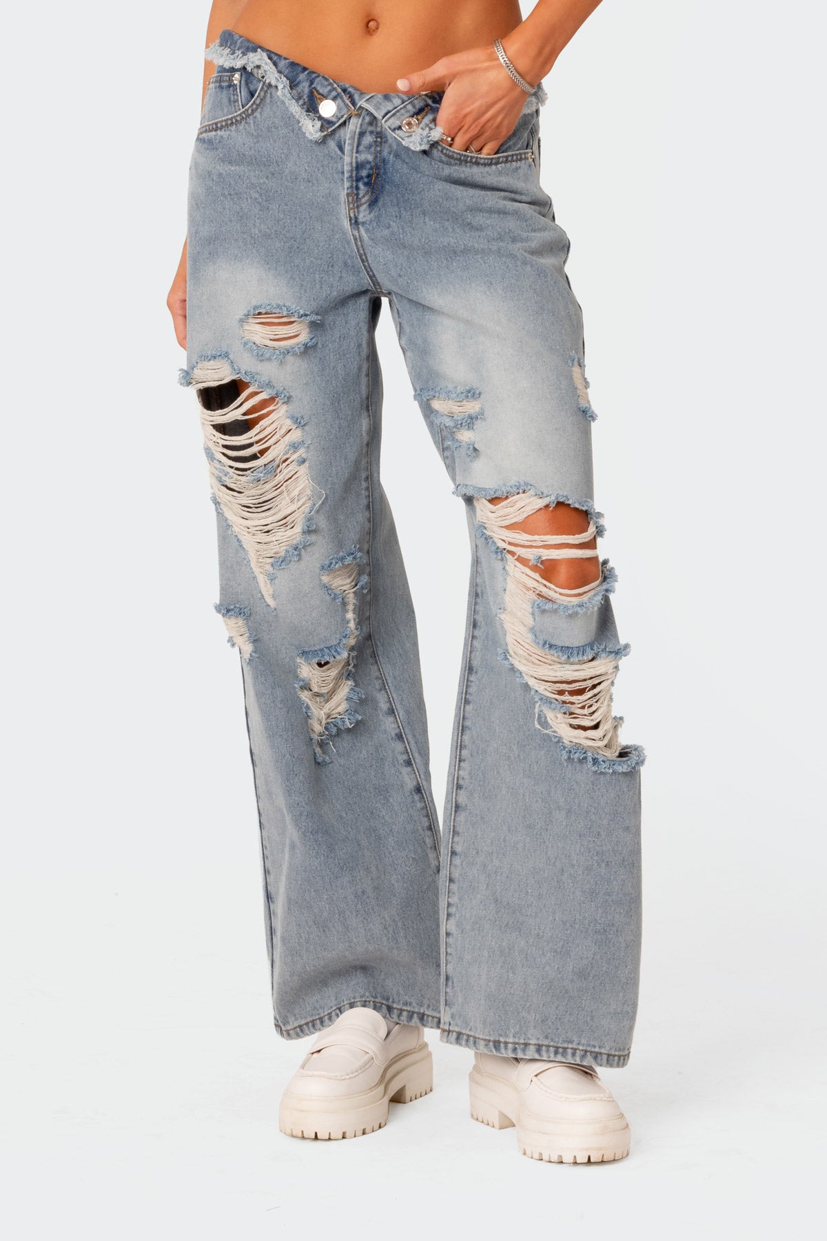 Distressed Fold Over Low Rise Wide Leg Jeans - Image 2