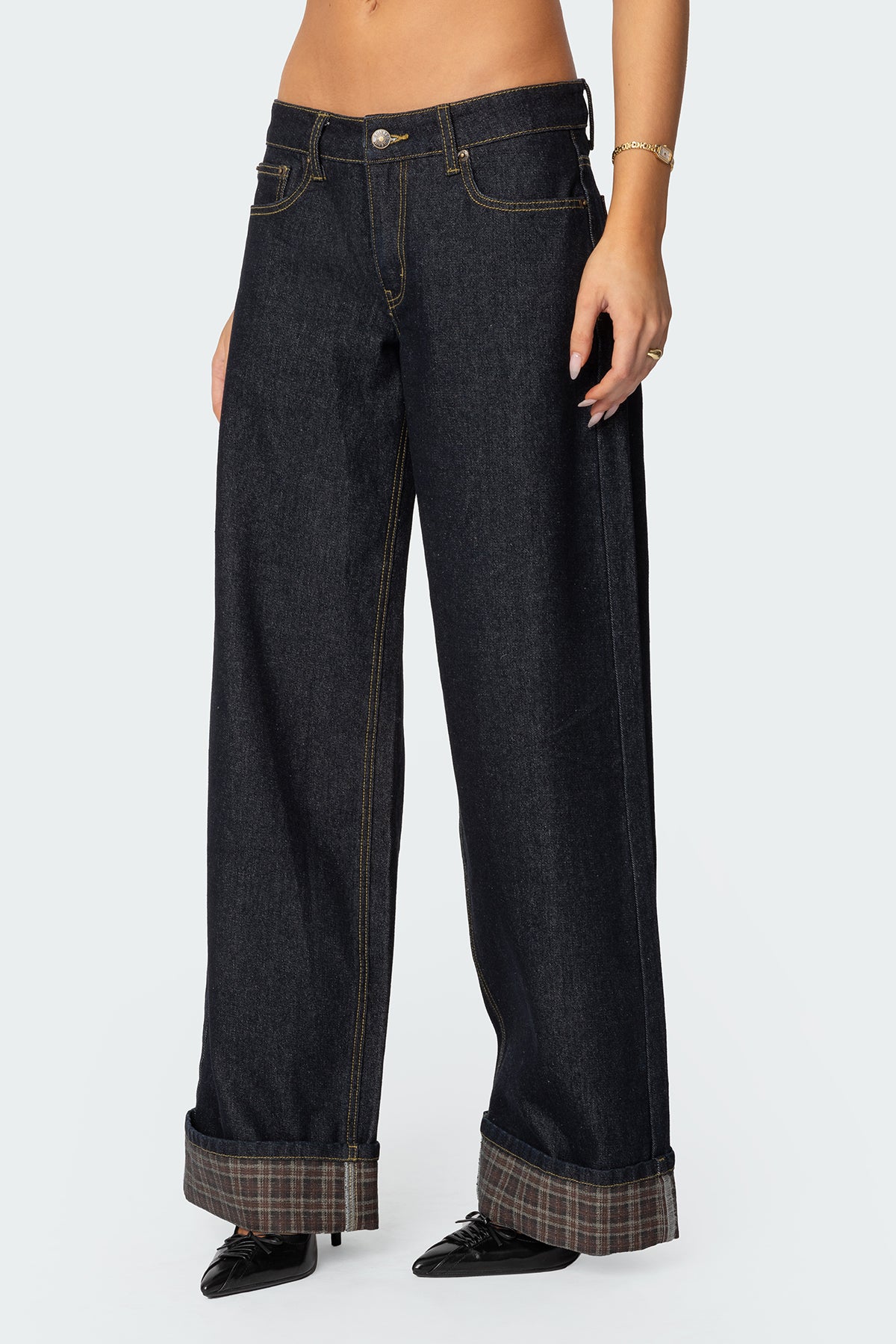 Plaid Cuffed Low Rise Baggy Jeans - Image 5