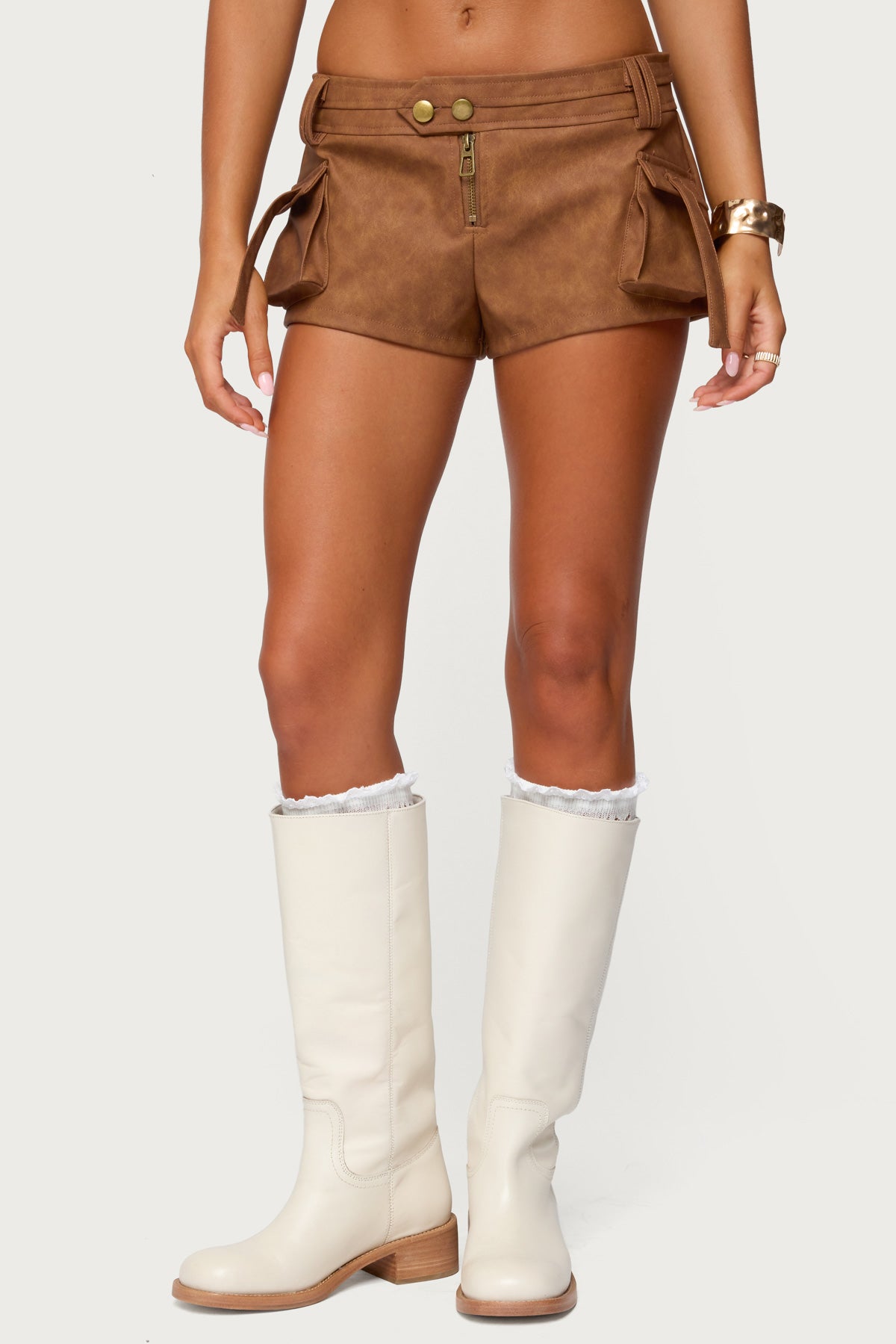 Washed Faux Leather Micro Cargo Shorts - Image 2