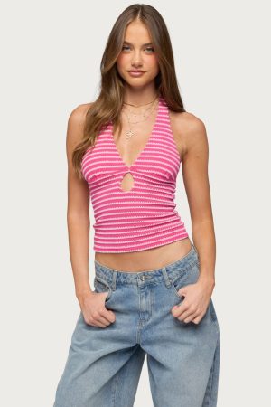 Maylah Keyhole Striped Textured Halter Top