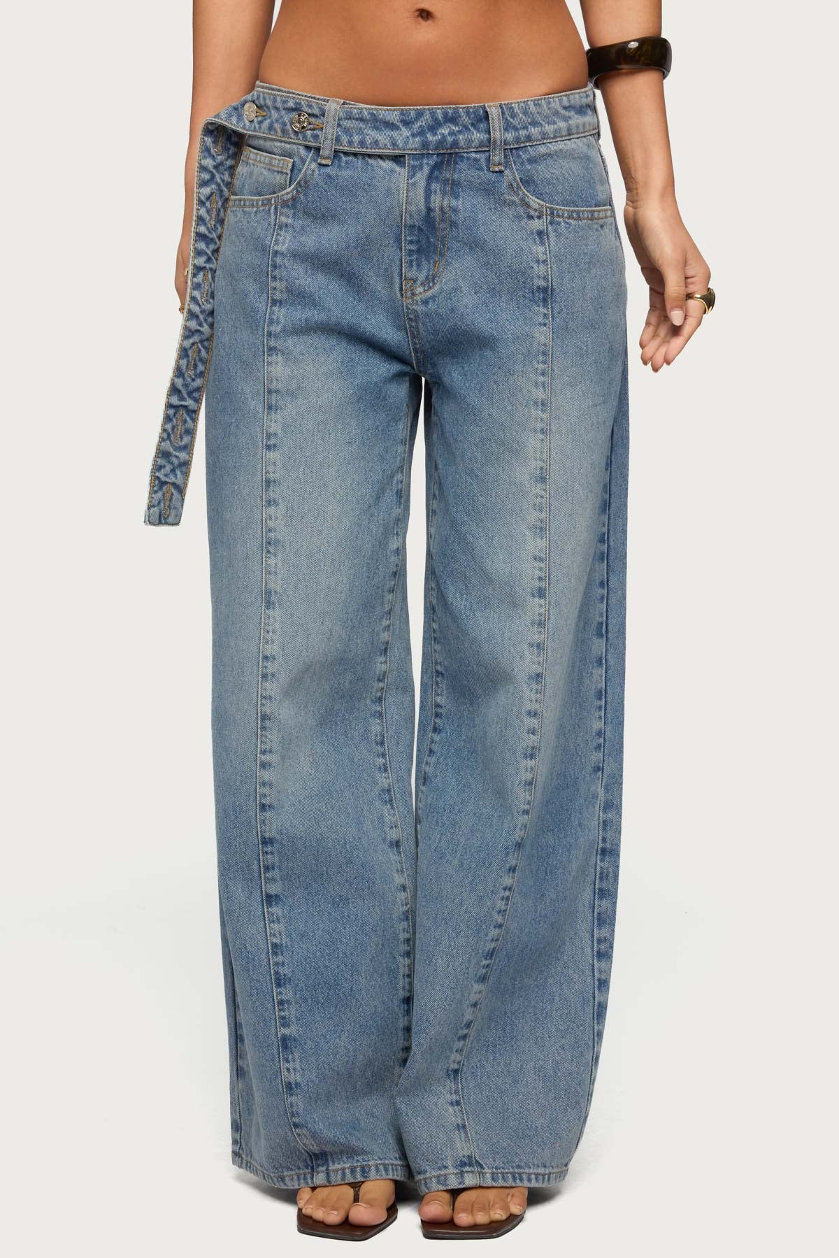 Buttoned Waist Low Rise Baggy Jeans - Image 2