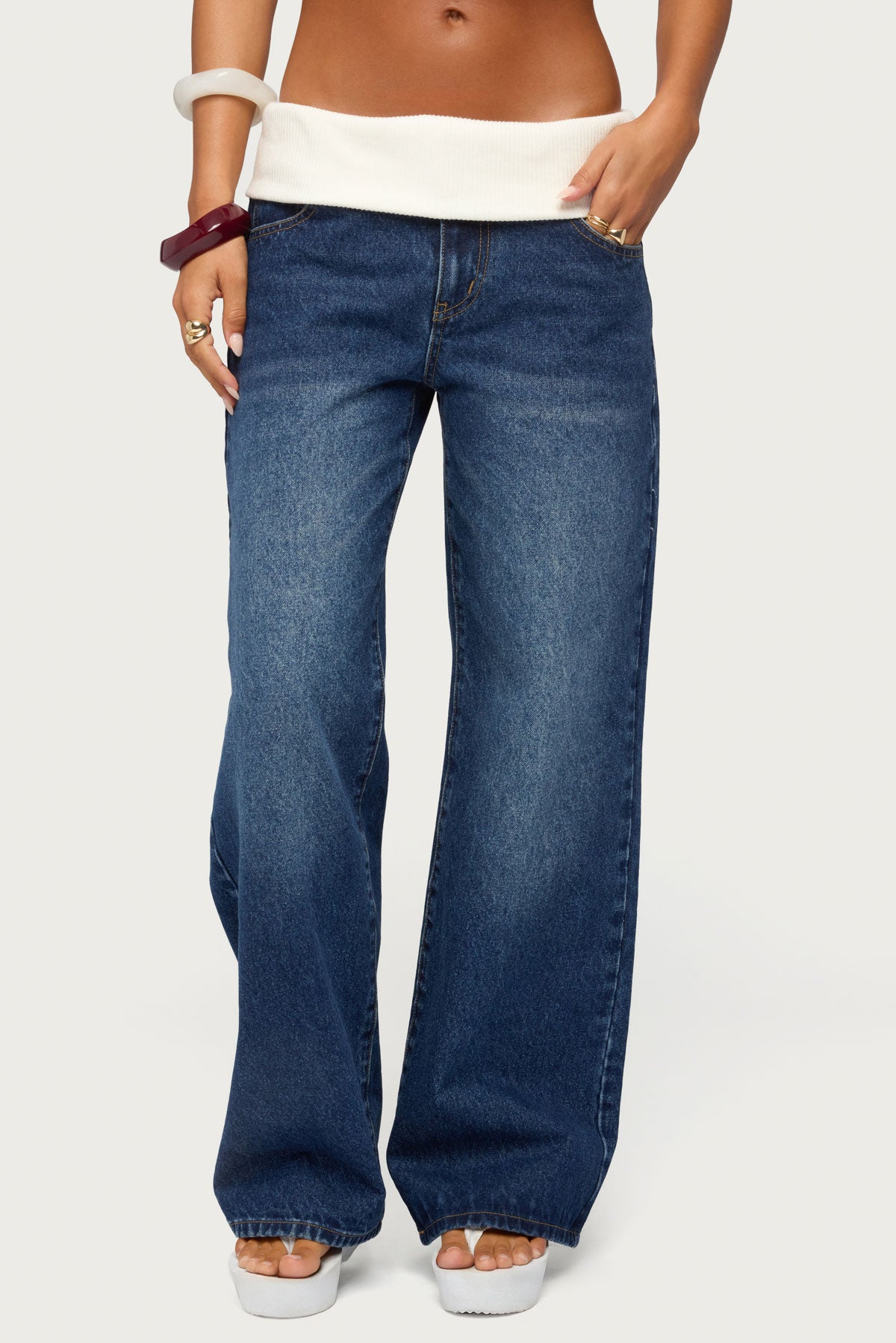 Knit Foldover Low Rise Baggy Jeans - Image 2