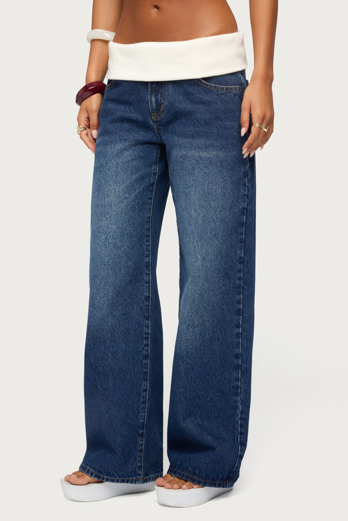 Knit Foldover Low Rise Baggy Jeans - Image 3