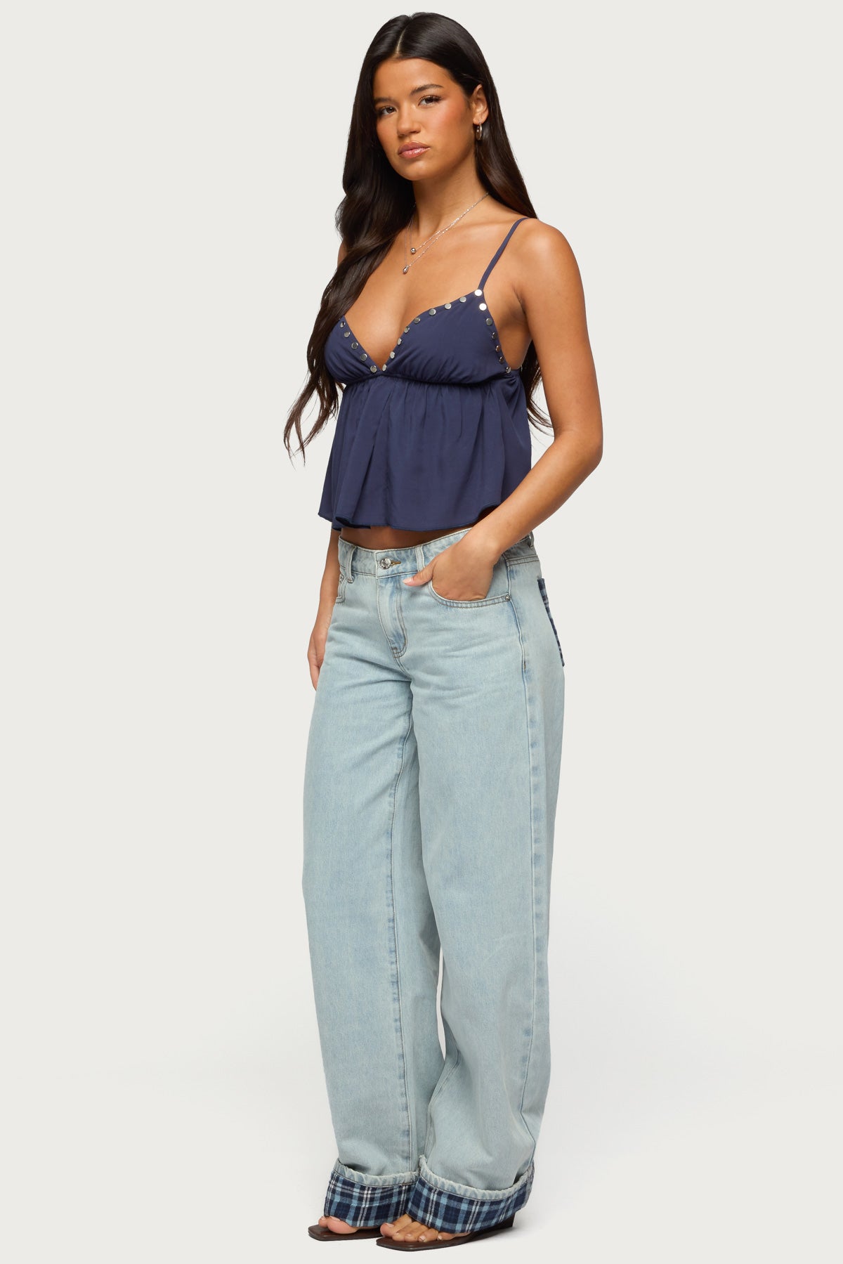 Plaid Cuffed Low Rise Baggy Jeans - Image 5