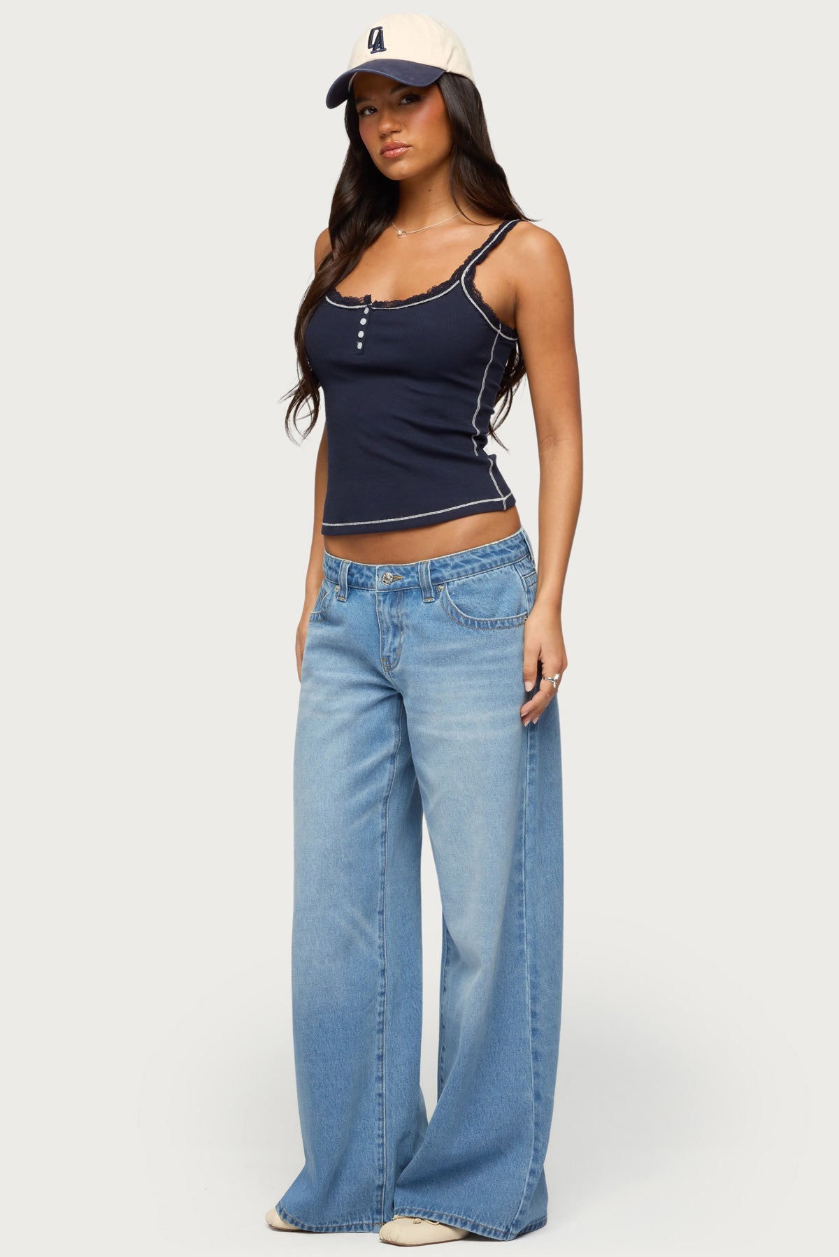 Contrast Stitched Lacey Henley Top - Image 4
