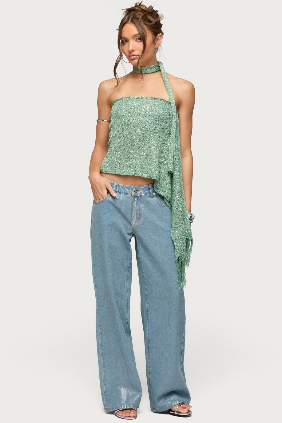 Two Piece Sequin Knit Scarf Top - Image 6