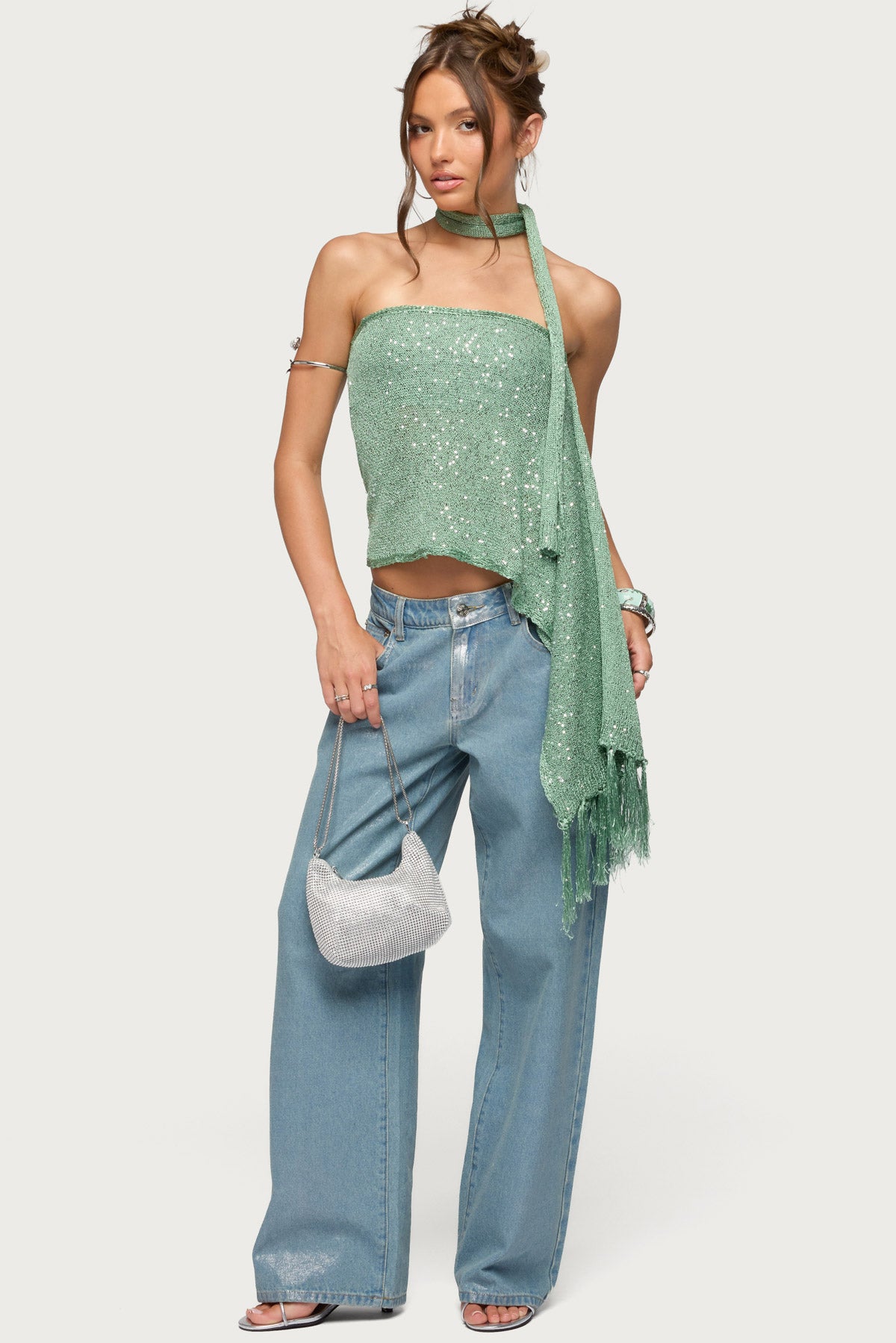 Two Piece Sequin Knit Scarf Top - Image 3