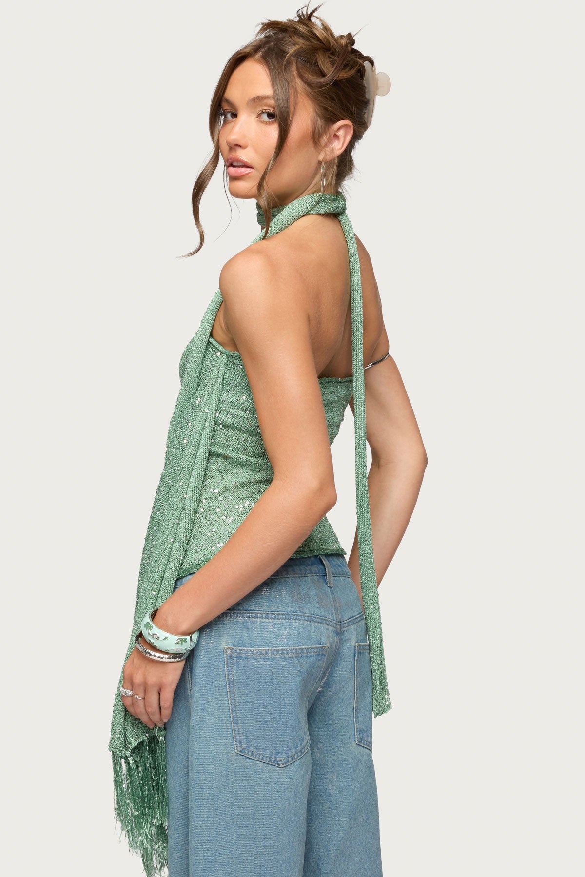 Two Piece Sequin Knit Scarf Top - Image 5