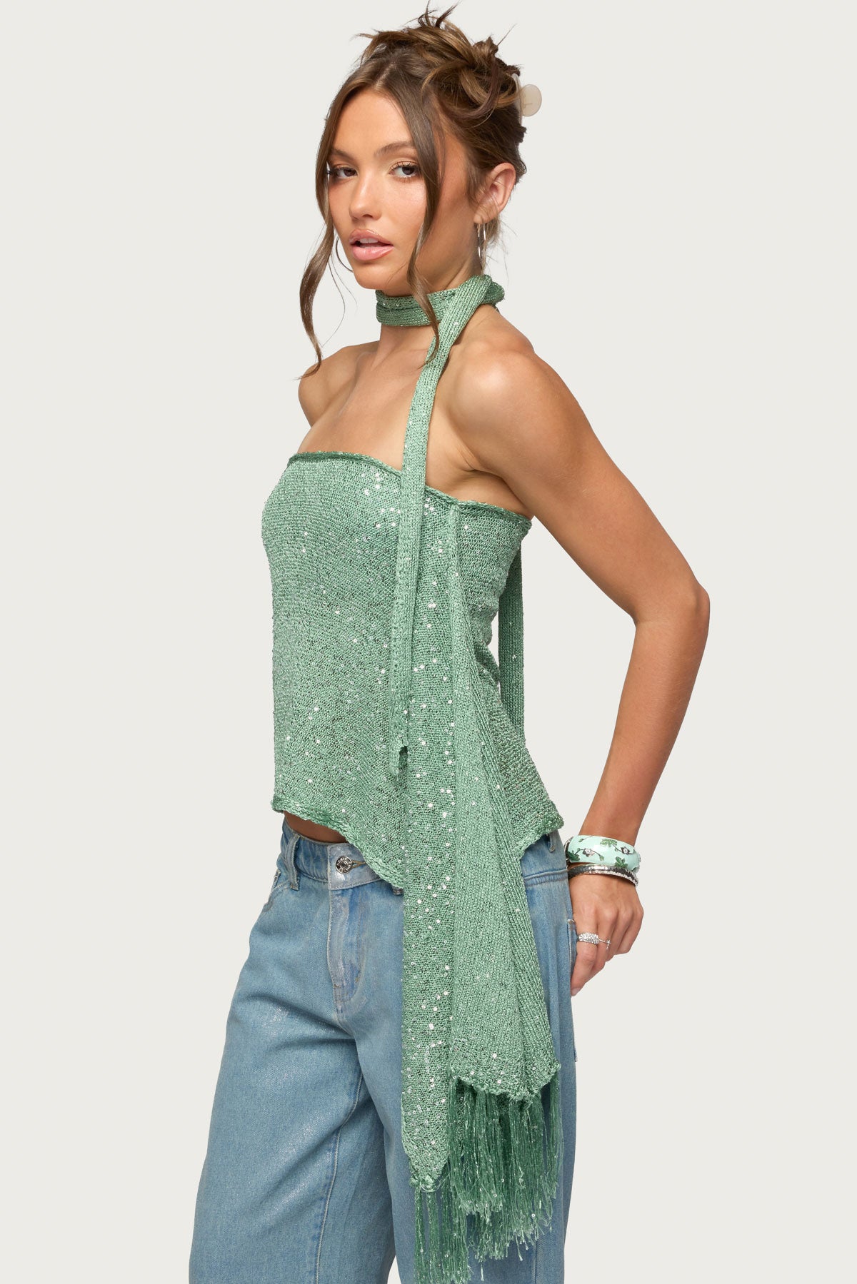 Two Piece Sequin Knit Scarf Top - Image 4