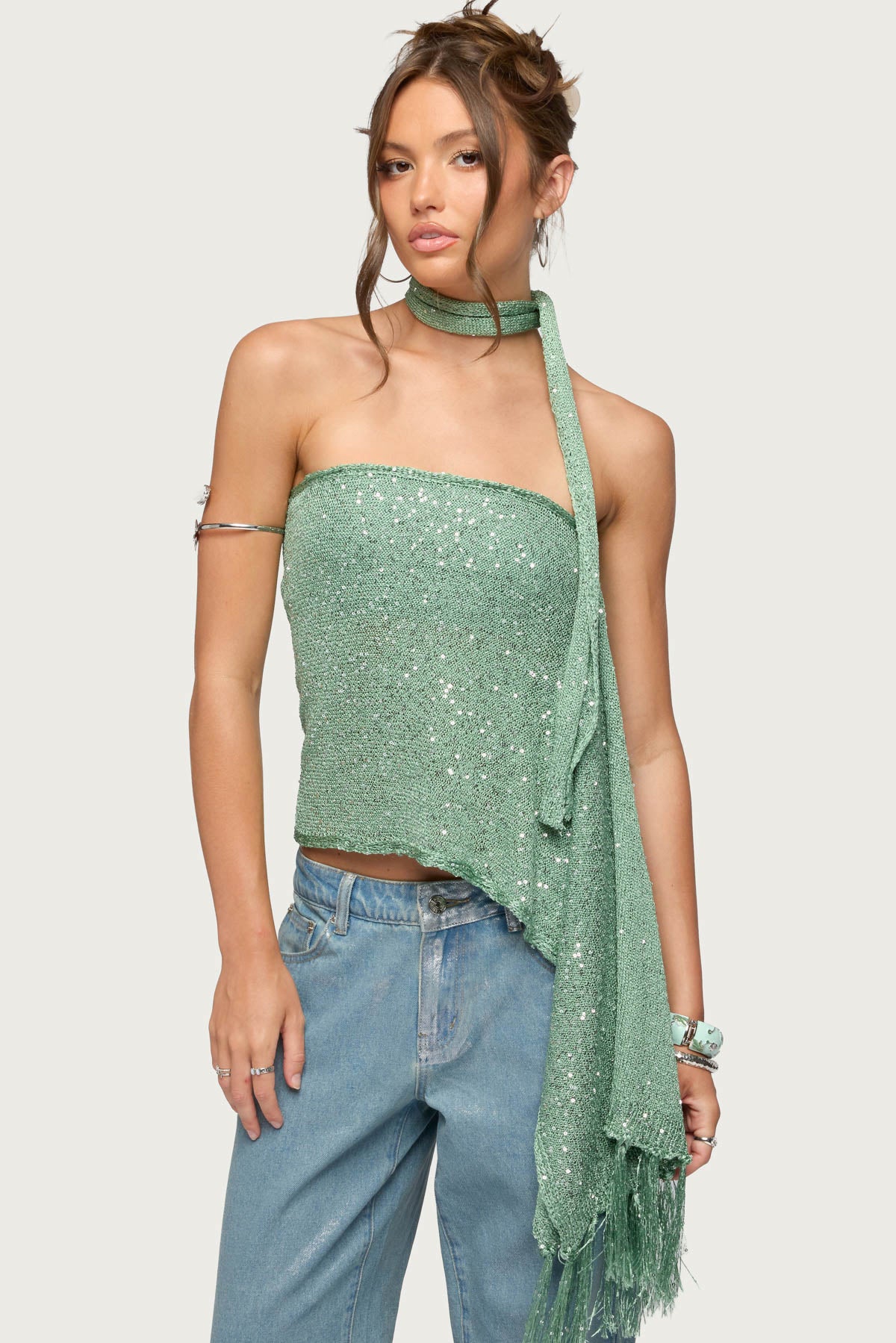 Two Piece Sequin Knit Scarf Top - Image 2