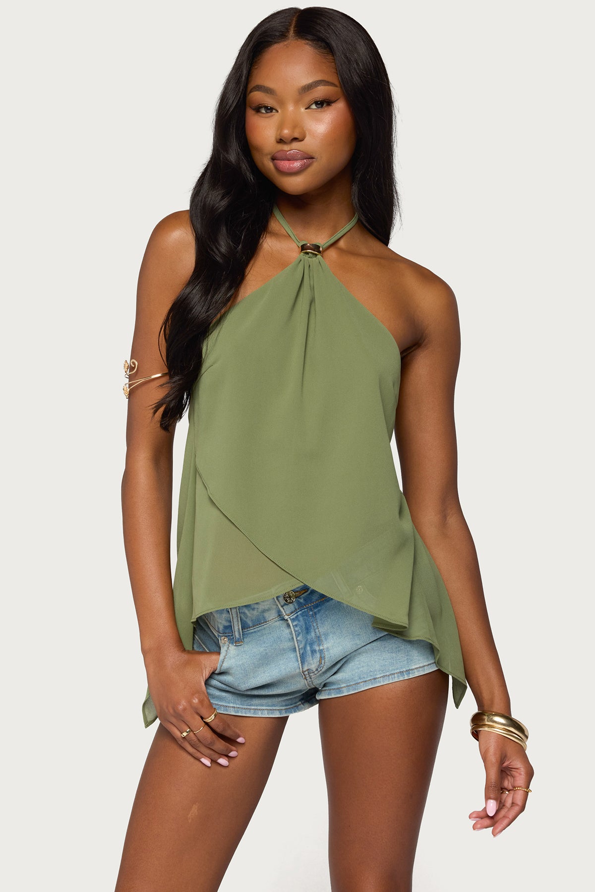 Chiffon Split Open Back Halter Top