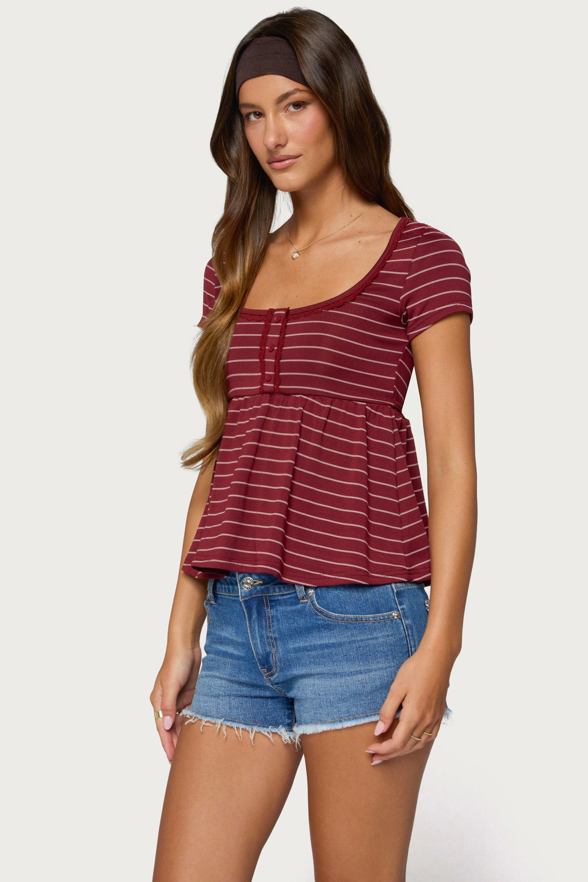 Jina Lacey Striped Babydoll Henley Top - Image 3